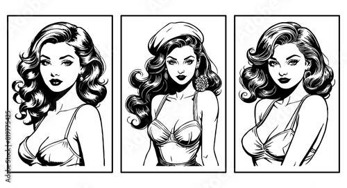 Set of 3 Black and white illustration. Fictional female character in the Pin Up style. Generated by Ai photo