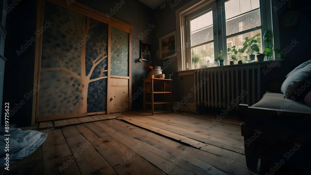 Fototapeta premium A warm bedroom featuring wooden flooring, a tree mural and soft natural lighting