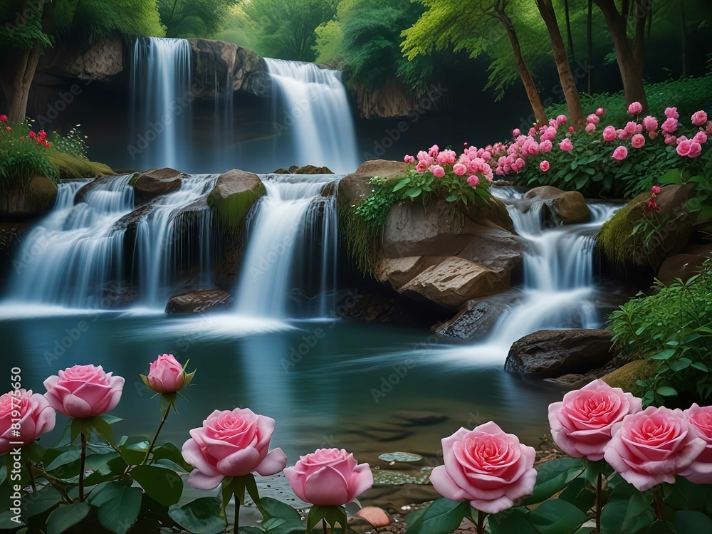 beautiful waterfall in forest with rose beautiful waterfall in forest with rose