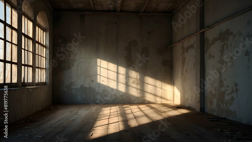An empty  dilapidated room is illuminated by sunlight streaming through a large window