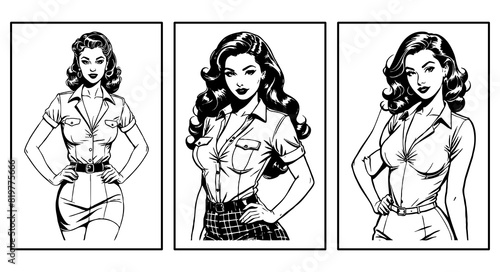 Set of 3 Black and white illustration. Fictional female character in the Pin Up style. Generated by Ai photo