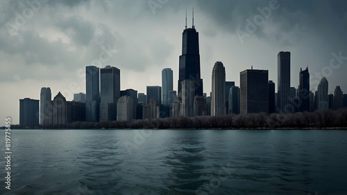 Moody and dramatic view of the Chicago city skyline shrouded in dark clouds reflecting in the water