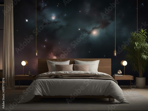 Space theme. Creative and bright eco design of a children's room. Bright fantasy wallpaper on the wall of bed room.