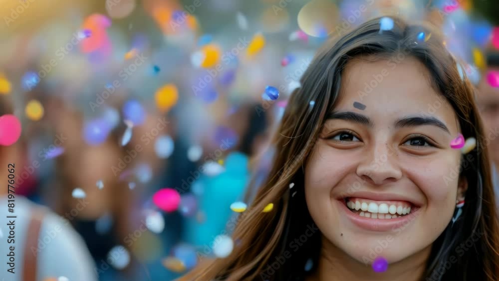 A woman is smiling and surrounded by confetti. The scene is lively and festive, with the woman's happiness and the colorful confetti creating a joyful atmosphere A woman is smiling and surrounded by confetti. The scene is lively and festive, with the woman's happiness and the colorful confetti creating a joyful atmosphere