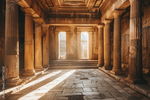 Ancient Greco-Roman hall interior with a circular stone podium surrounded by grand Corinthian columns. Beautiful simple AI generated image in 4K, unique.