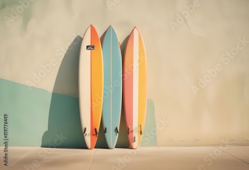 colorful surfboards leaning against a wall  with a wooden floor in the foreground