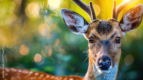 Magnificent Detail of head of roe deer, capreolus capreolus, buck in summer, Close-up of wild roebuck photo