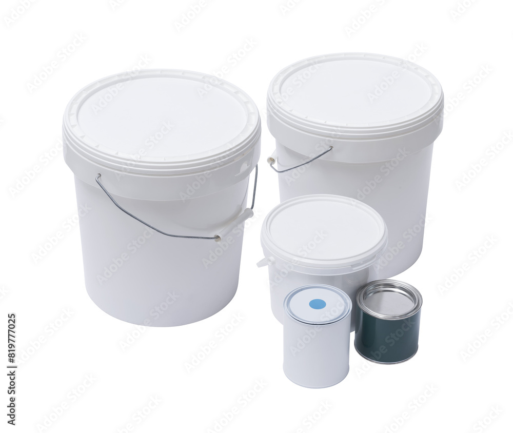 Set of paint buckets and varnish tins Set of paint buckets and varnish tins