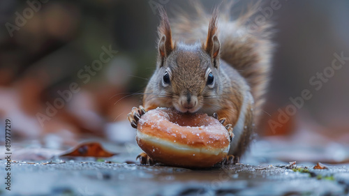 Sugar Bandit.  Sly Squirrel Making Off with a Large Donut