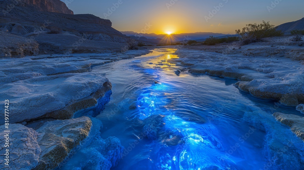 Photo River of glowing blue liquid flowing at sunset with monoliths in the background Photo River of glowing blue liquid flowing at sunset with monoliths in the background
