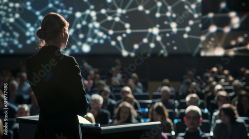 Confident speaker presents to an engaged audience at a conference. photo