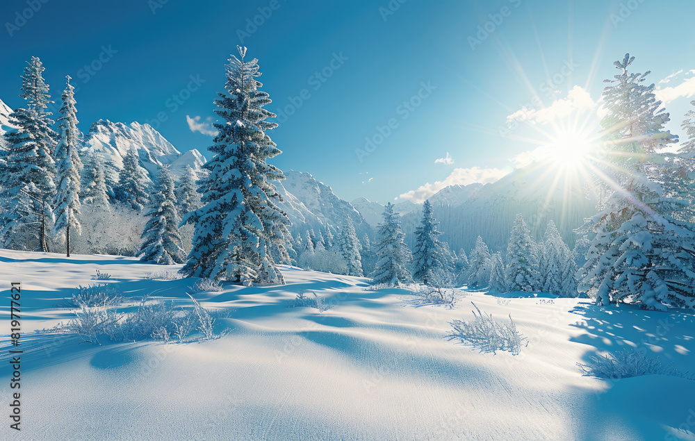 A snowy landscape with snowcovered mountains and pine trees, bathed in sunlight on the horizon. The sun shines brightly above