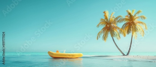 A yellow boat is floating in the ocean next to two palm trees