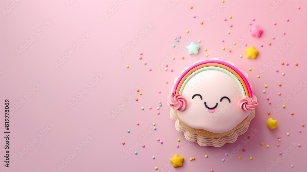 top of view cake character rainbow cute smile dessert party, isolated soft color background top of view cake character rainbow cute smile dessert party, isolated soft color background