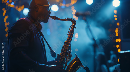 A jazz saxophonist in deep concentration, playing at a blue-lit gig.