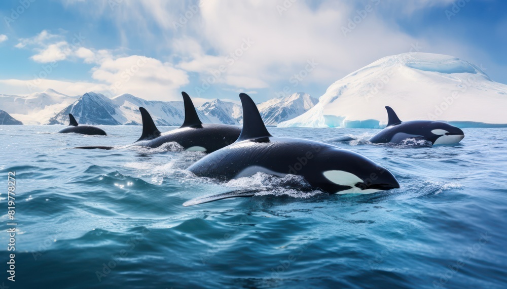 Fototapeta premium Groups of Orcas or killer whales swim and hunt for prey, the top of the food chain in a sea of ​​ice floes