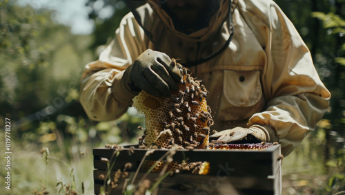 A conscientious beekeeper gently tends to a bee colony, immersed in the intricate world of bee farming. photo