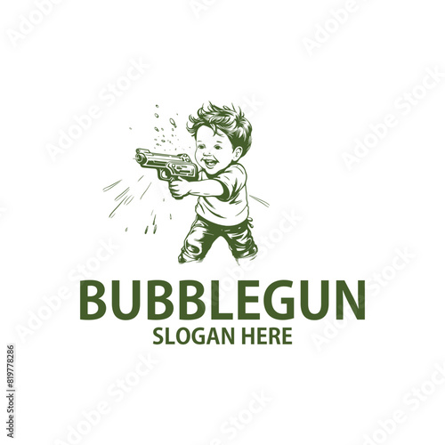 Happy kids with bubble gun logo vector illustration