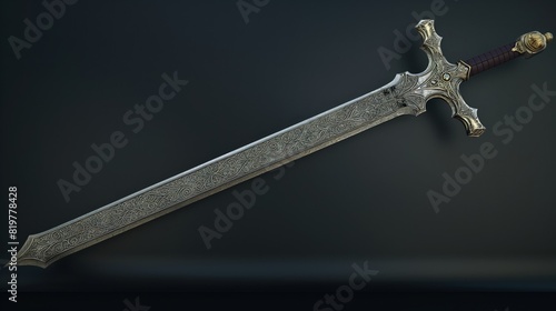 A digitally rendered medieval sword with intricate engravings on the blade and a jewel-encrusted hilt, suitable for fantasy video games.  photo