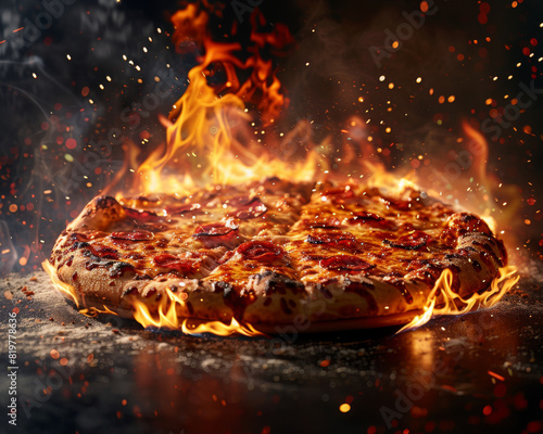Pizza super tasty fast food  ad mockup commercial with a dark isolated background.