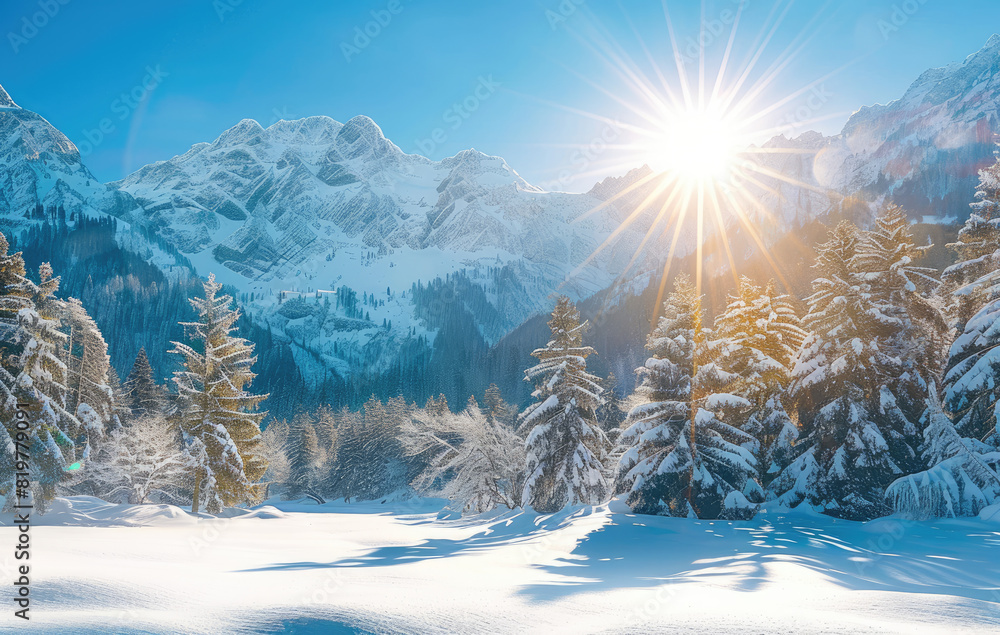 A snowy landscape with snowcovered mountains and pine trees, bathed in sunlight on the horizon. The sun shines brightly above