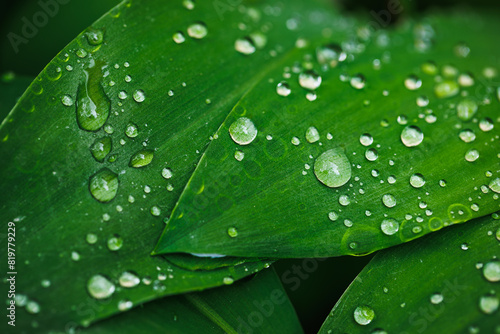 Lily of the valley plant leaves with raindrops. Close up natural abstract green background