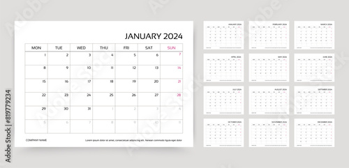 Calendar for 2024 year. Planner template. Week starts Monday. Monthly calender organizer. Desk schedule grid with 12 month. Horizontal yearly diary layout. Corporate simple agenda. Vector illustration