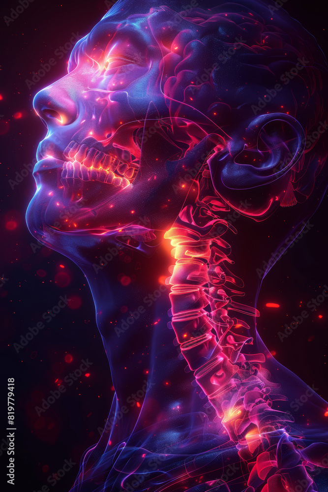 Medical structure of the esophagus. Neon illustration