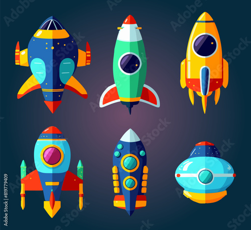 six spaceships in various colors and sizes on black background