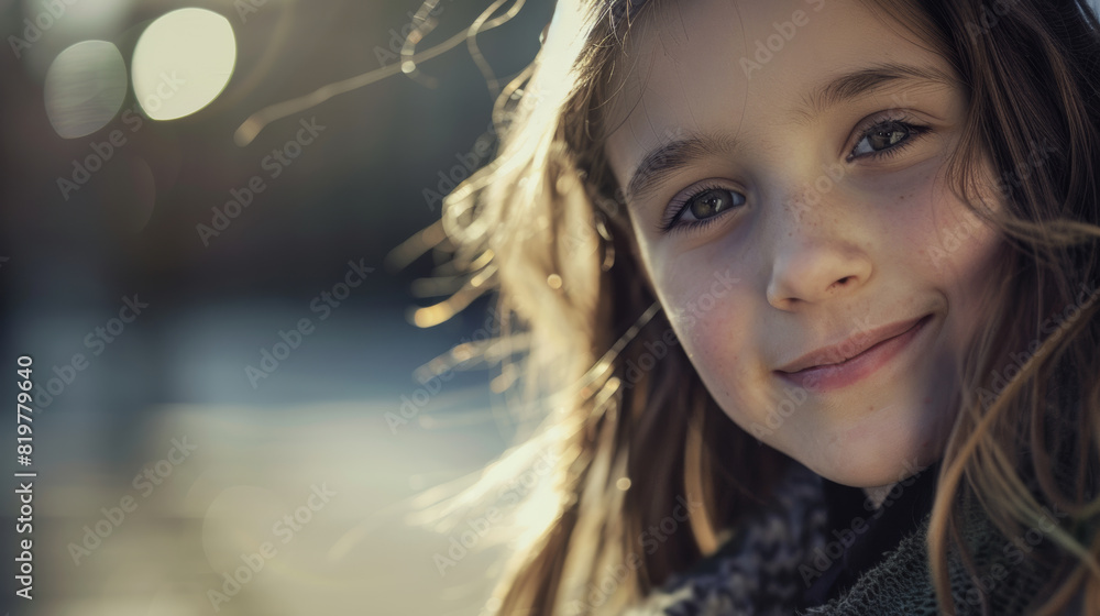 Serene young girl in backlight with a glowing smile that reflects the warmth of the setting sun. Serene young girl in backlight with a glowing smile that reflects the warmth of the setting sun.