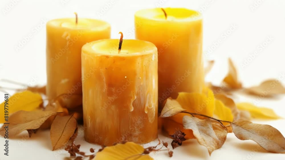 Three candles are lit and placed on a table with leaves. Scene is warm and cozy, as the candles and leaves create a sense of comfort and relaxation Three candles are lit and placed on a table with leaves. Scene is warm and cozy, as the candles and leaves create a sense of comfort and relaxation