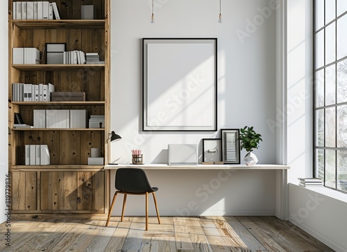 3D render Frame blank mockup. Study room wall poster mockup. Interior mockup with background. Modern interior design.