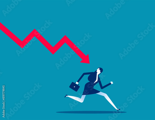 Failed businessman run away from falling down arrow chart. Business economic recession vector concept