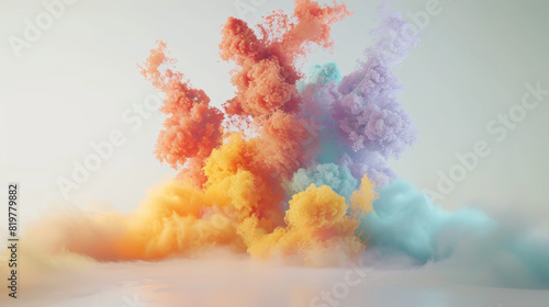 A fountain of multicolored smoke emanating from the center of the scene, bursting with energy. all white bright background. 8k.
