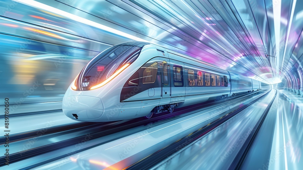 Modern train speeding through a futuristic urban landscape with transparent tunnels on white solid background. Generative AI. Modern train speeding through a futuristic urban landscape with transparent tunnels on white solid background. Generative AI.
