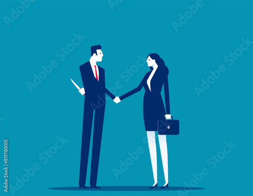 Business person Knife in the back. Betrayal in business vector concept