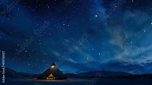 Illuminated tent under an awe-inspiring galaxy, offering a silent homage to the cosmos. photo