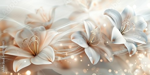 Ethereal abstract floral background with delicate white flowers and shimmering light particles