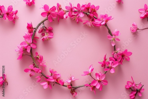 Drawing of a heart-shaped arch made of flowers. Backdrop with selective focus and copy space for the inscription. Beautiful simple AI generated image in 4K, unique.