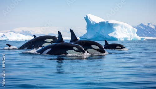 Groups of Orcas or killer whales swim and hunt for prey, the top of the food chain in a sea of ​​ice floes