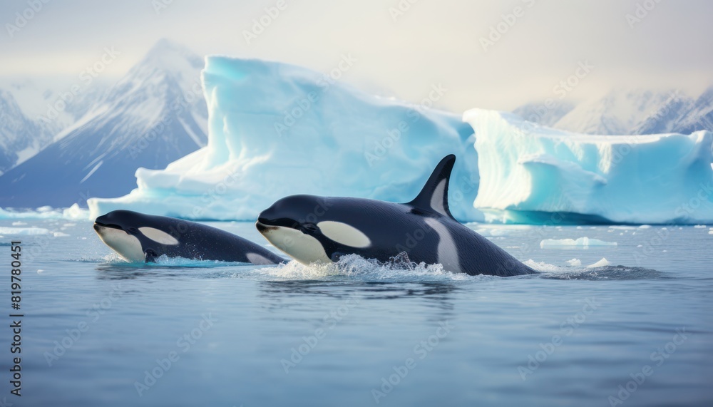 Fototapeta premium Groups of Orcas or killer whales swim and hunt for prey, the top of the food chain in a sea of ​​ice floes