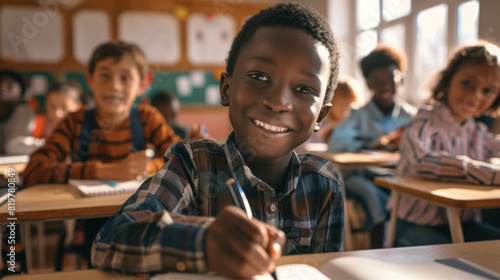 Cheerful child engaging in class with pencil ready to learn.