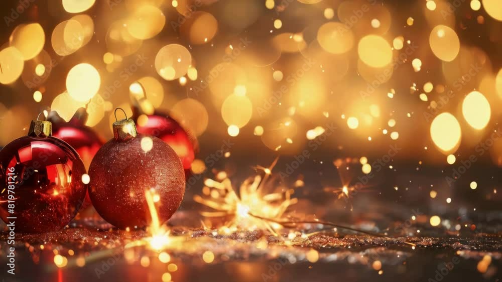 A red and gold Christmas scene with three red ornaments and a sparkler A red and gold Christmas scene with three red ornaments and a sparkler