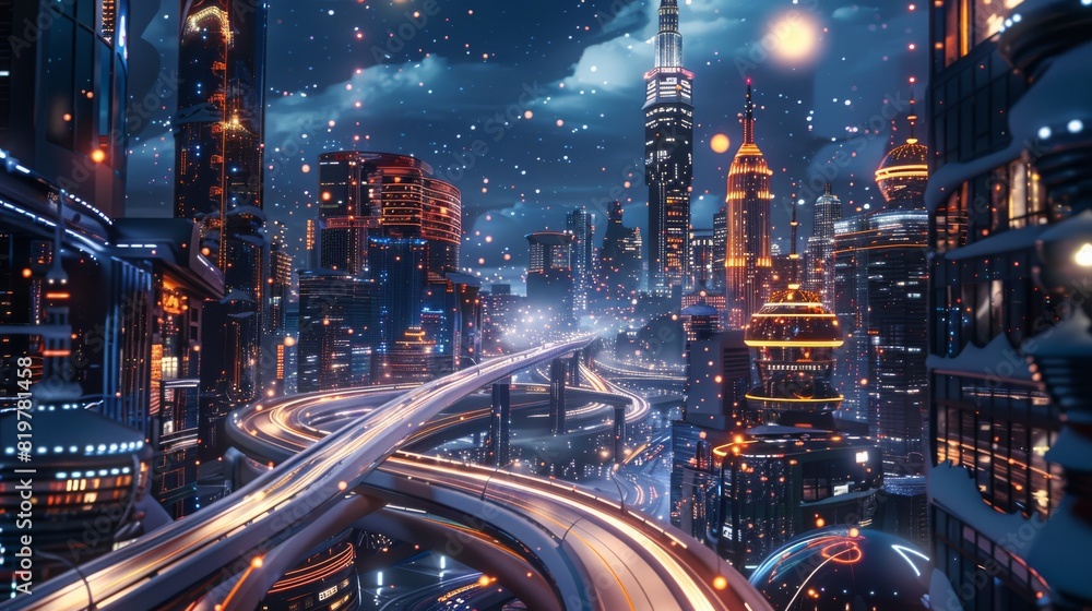 Futuristic city nighttime. Generative AI.