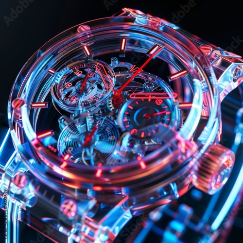 Futuristic, Vibrant Smart Watch with Neon Lighting, Holographic Effects, and Visible Mechanical Movement. High-Resolution Close-Up Showcases Complex Design Details and Immersive Visual Experience.