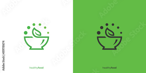 Creative Healthy Organic Food Logo. Bowl and Leaf Symbol, Eco Vegetarian Fresh Food Green Salad Healthy Food Logo Design Vector Template.