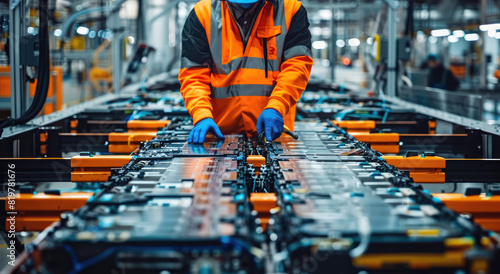A worker in an orange and grey uniform with blue gloves is working on the batteries of electric vehicles at a factory