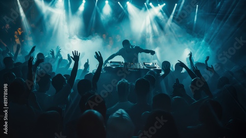 A DJ commands the stage under blue lights, enveloping an ecstatic audience in sound.