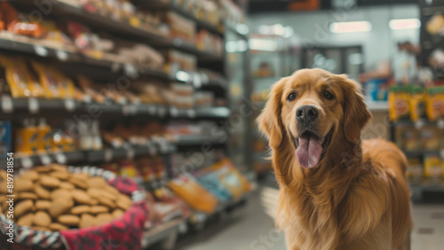 Adorable dog in pet store aisle  the epitome of excited anticipation for treats.