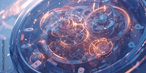 Futuristic, Vibrant Smart Watch with Neon Lighting, Holographic Effects, and Visible Mechanical Movement. High-Resolution Close-Up Showcases Complex Design Details and Immersive Visual Experience.